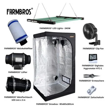 FARMBROS® Growset M – Indoor Growset mit Growbox 80x80x180 cm und 240W LED